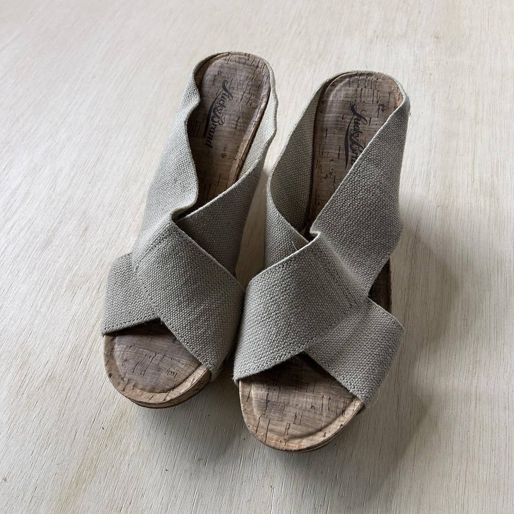 Lucky Brand Sandals Womens Size 8 Beige Canvas Cork Wedge Heel Slide Studded